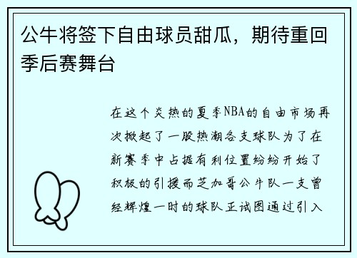 公牛将签下自由球员甜瓜，期待重回季后赛舞台