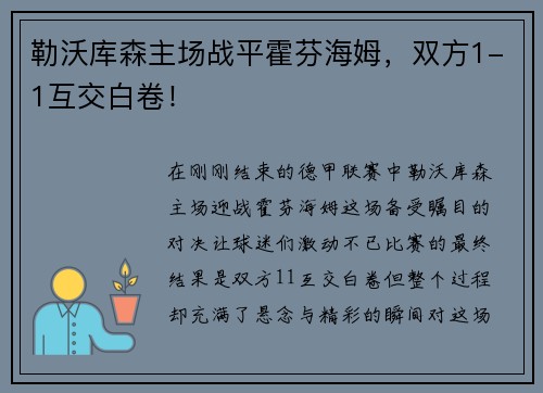 勒沃库森主场战平霍芬海姆，双方1-1互交白卷！